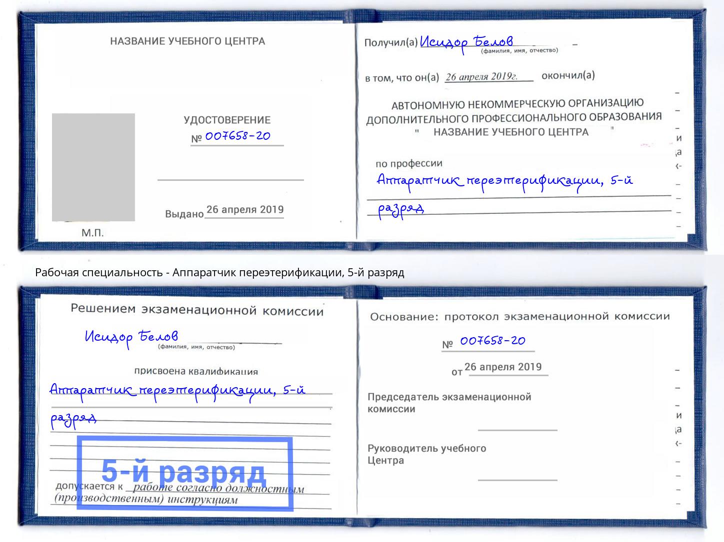 корочка 5-й разряд Аппаратчик переэтерификации Боровичи