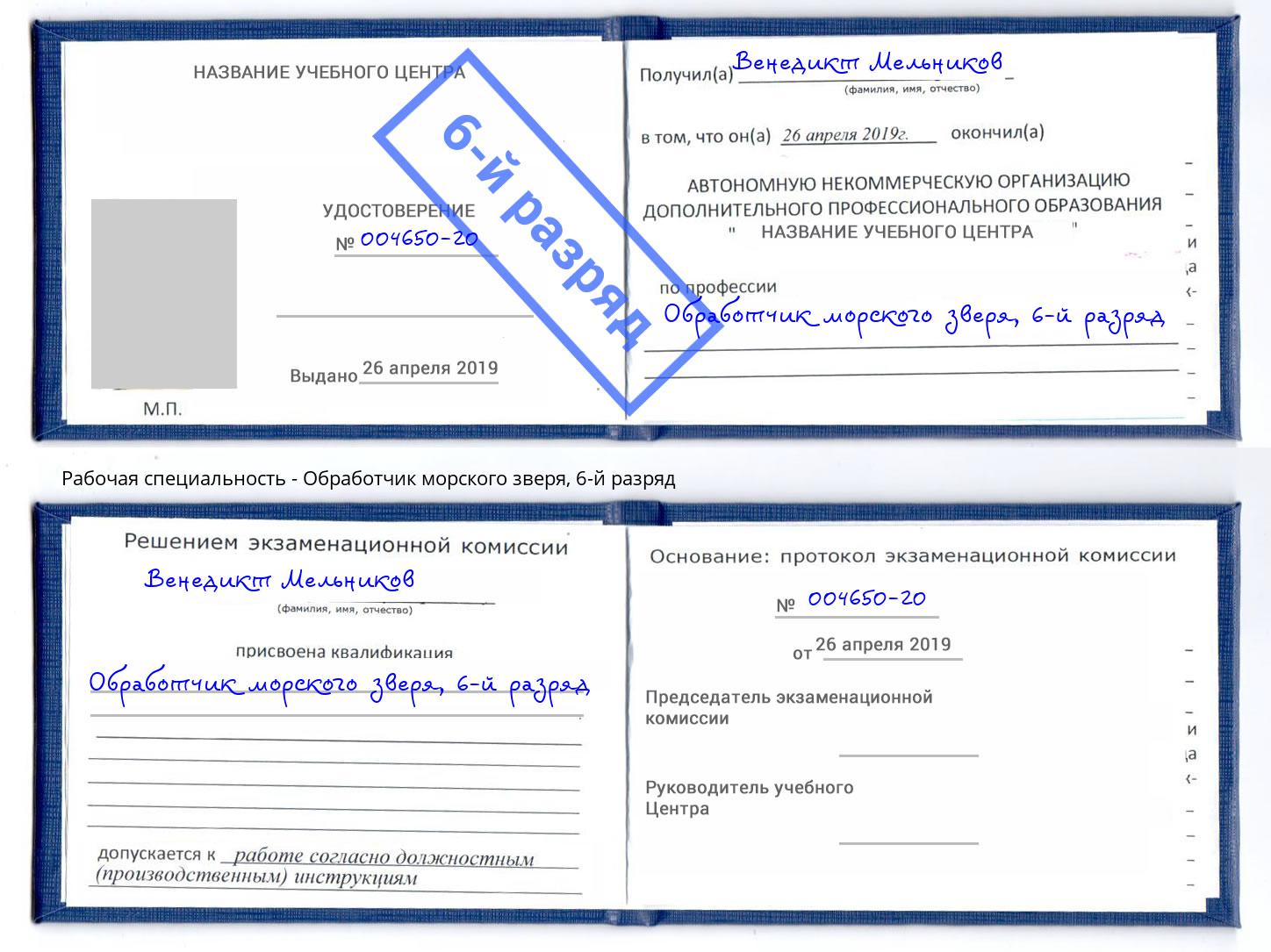 корочка 6-й разряд Обработчик морского зверя Боровичи