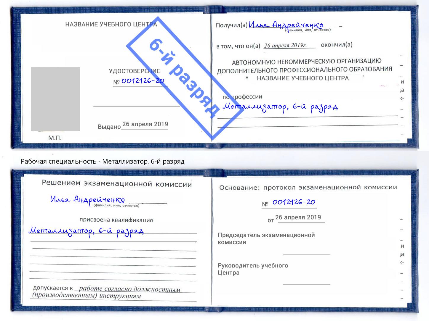 корочка 6-й разряд Металлизатор Боровичи