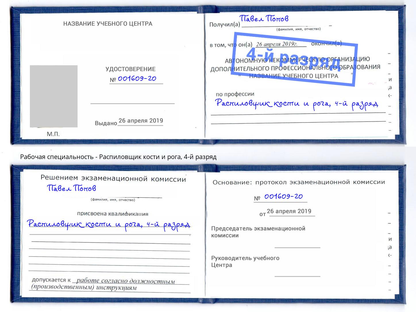 корочка 4-й разряд Распиловщик кости и рога Боровичи