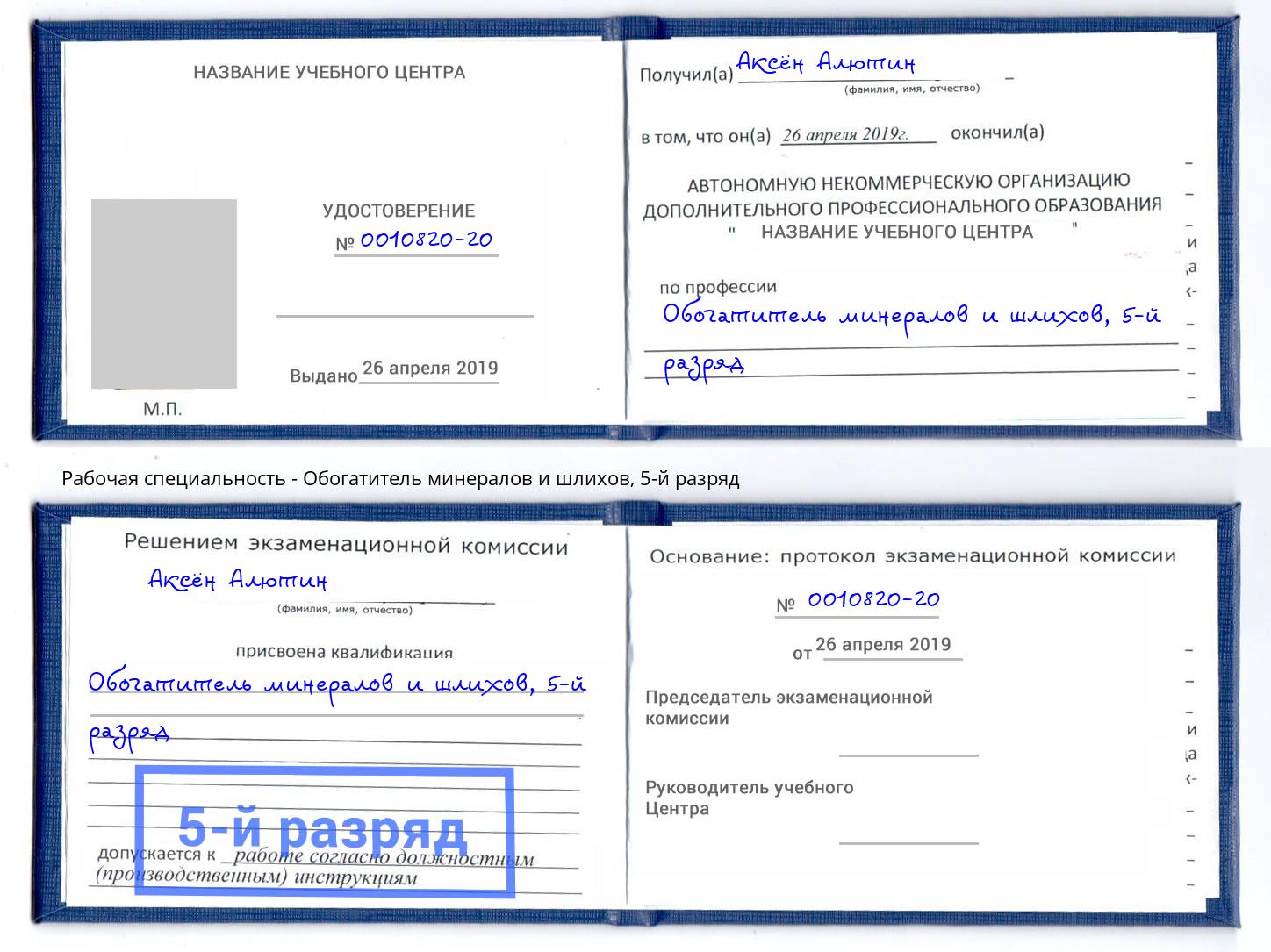 корочка 5-й разряд Обогатитель минералов и шлихов Боровичи