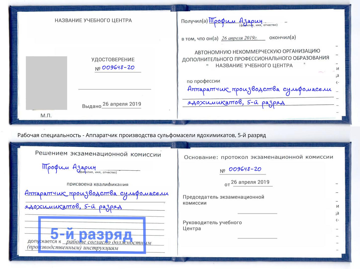 корочка 5-й разряд Аппаратчик производства сульфомасели ядохимикатов Боровичи