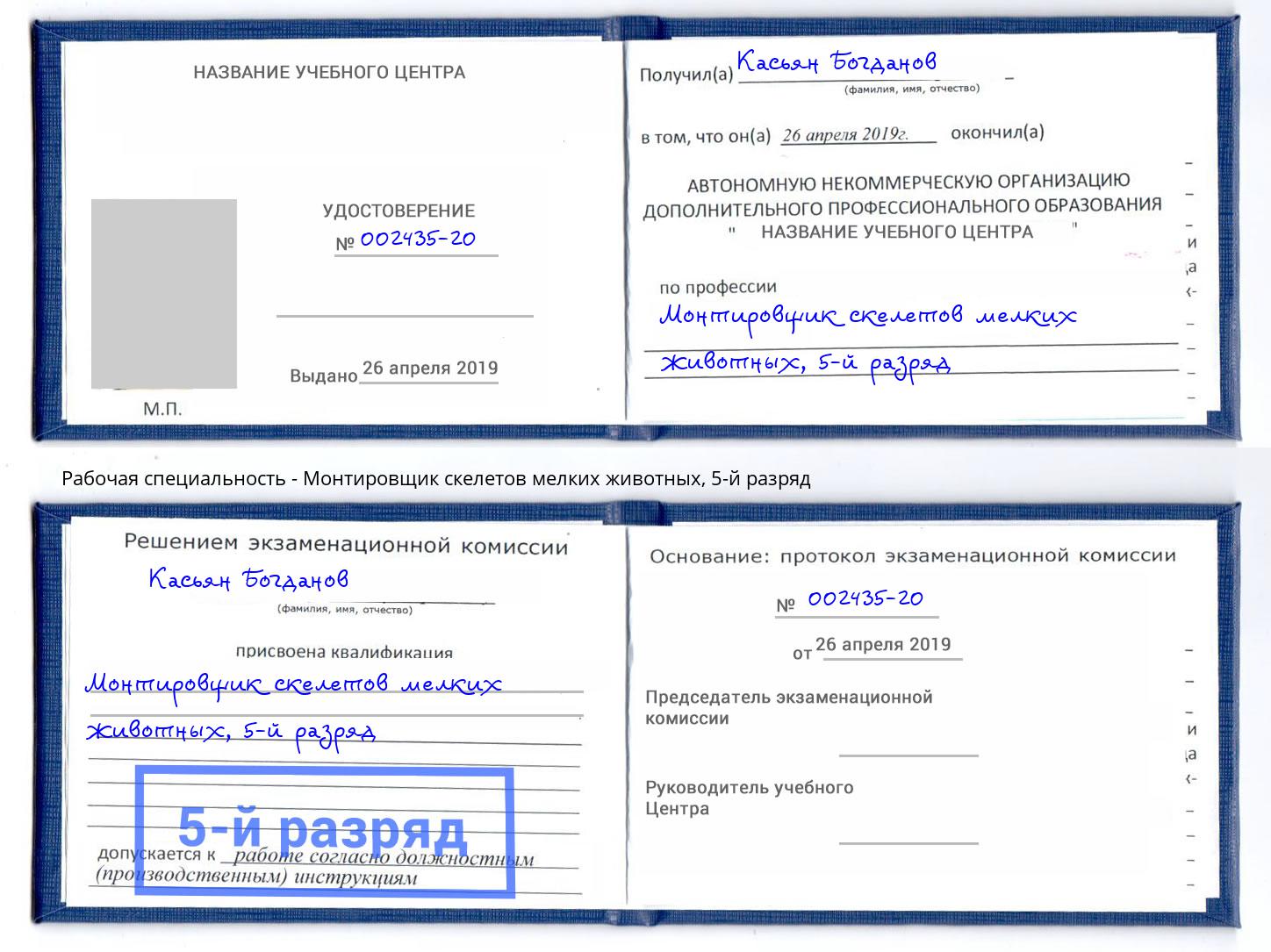 корочка 5-й разряд Монтировщик скелетов мелких животных Боровичи