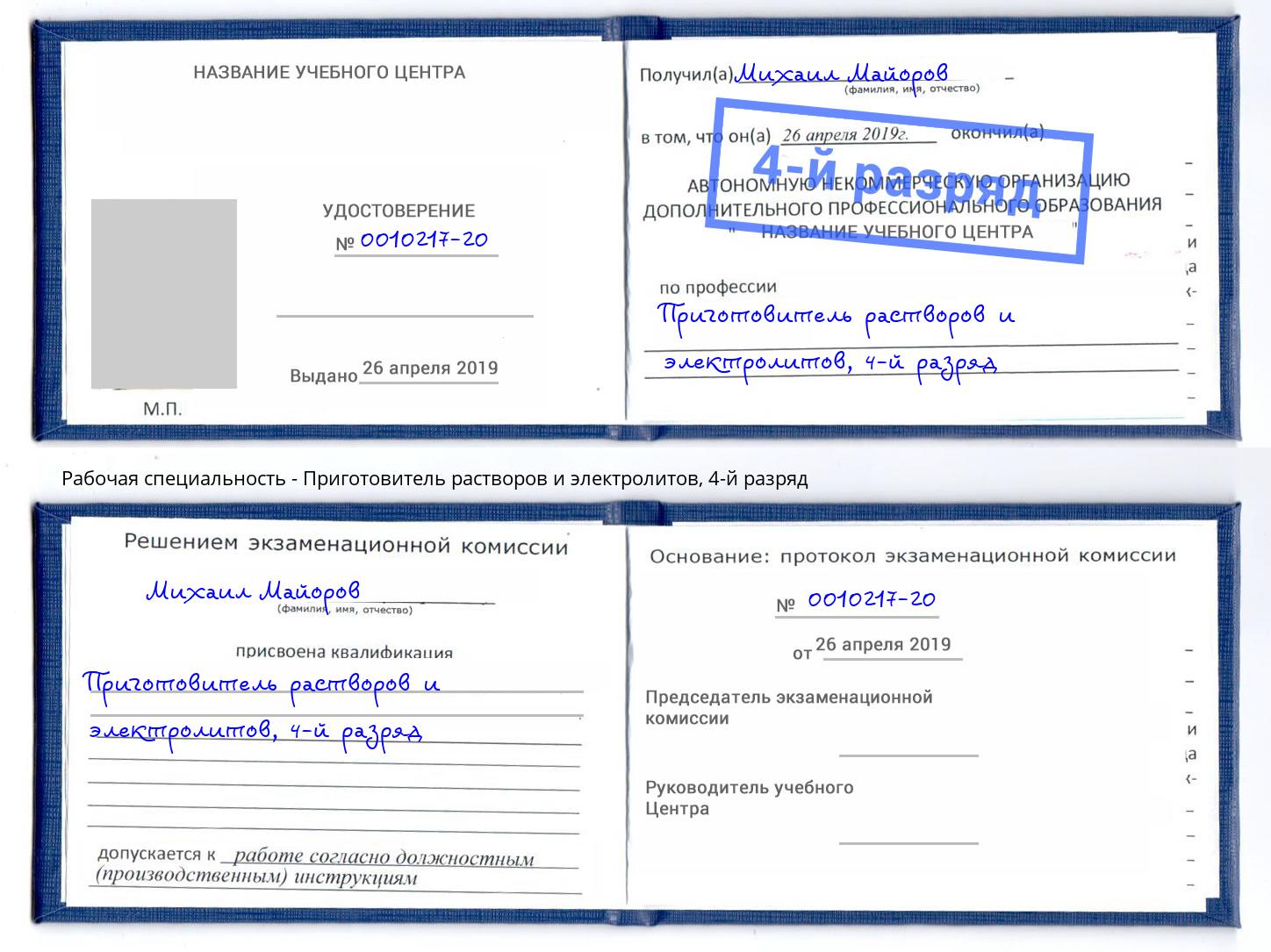 корочка 4-й разряд Приготовитель растворов и электролитов Боровичи