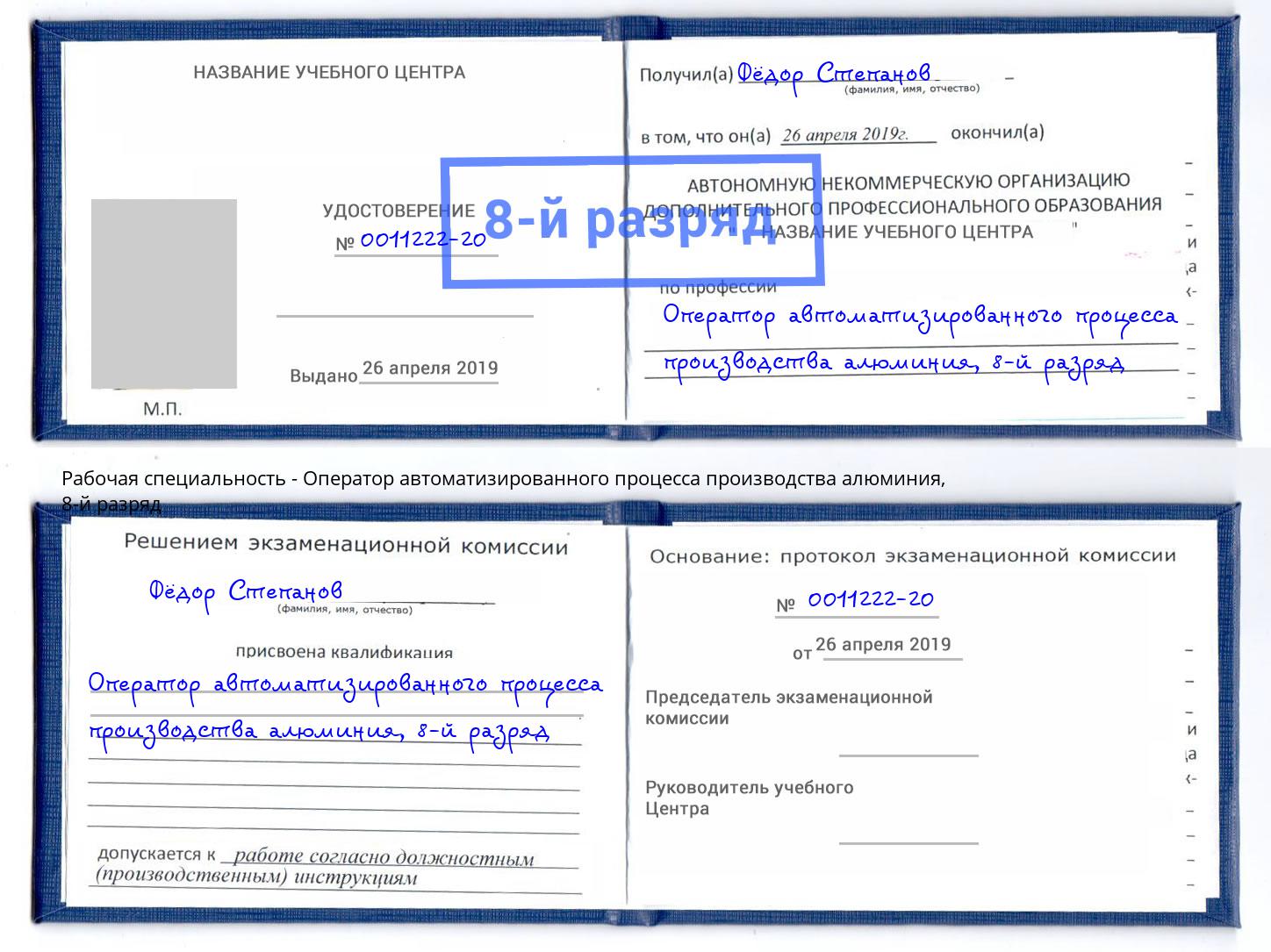 корочка 8-й разряд Оператор автоматизированного процесса производства алюминия Боровичи