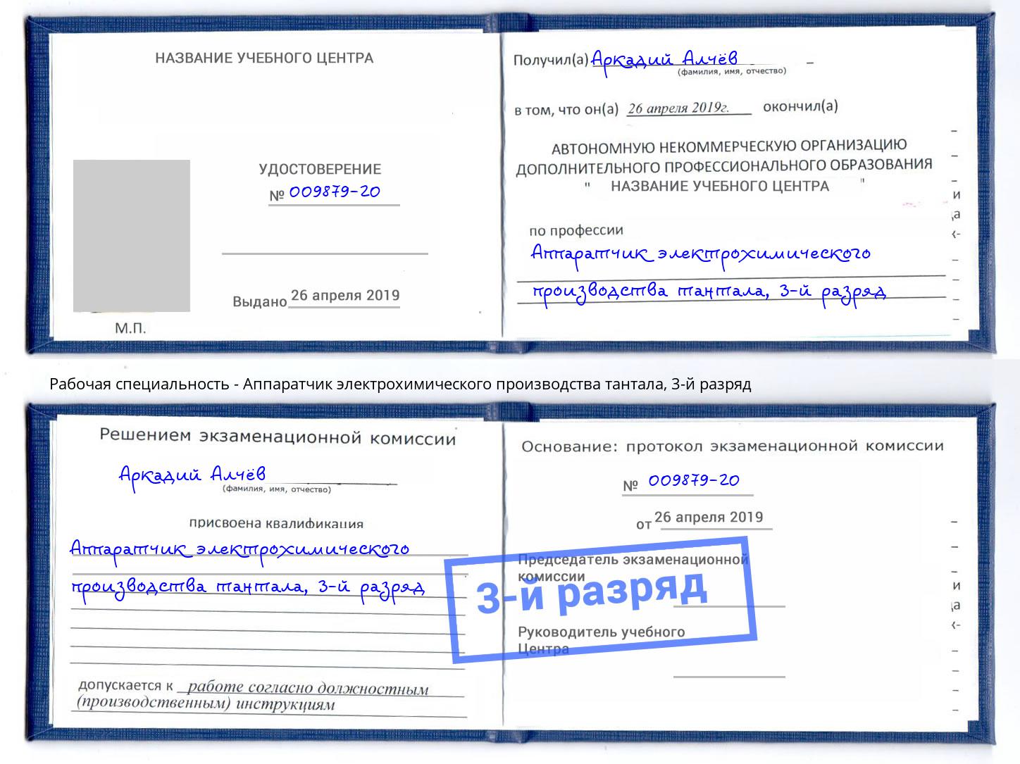 корочка 3-й разряд Аппаратчик электрохимического производства тантала Боровичи