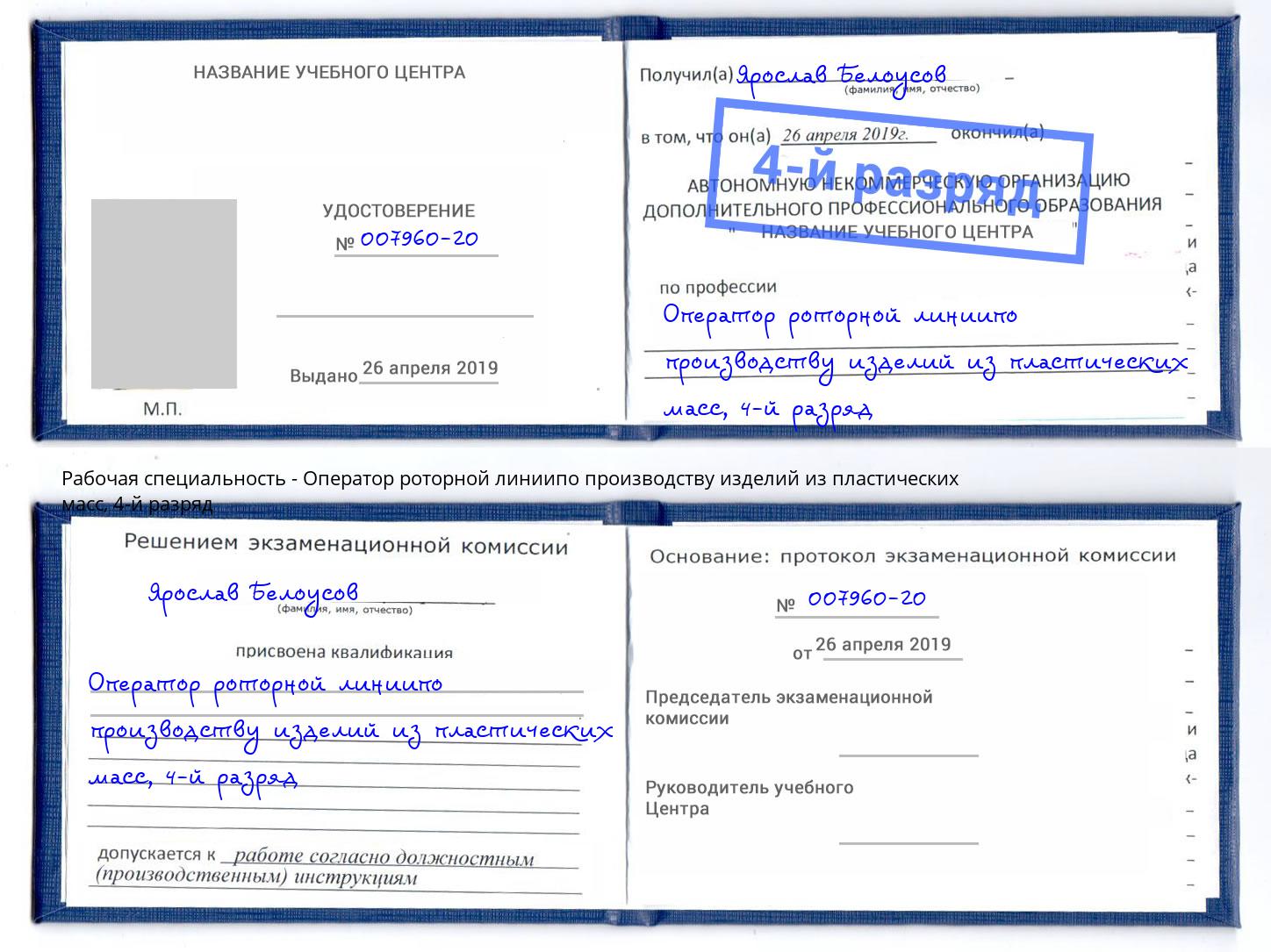 корочка 4-й разряд Оператор роторной линиипо производству изделий из пластических масс Боровичи