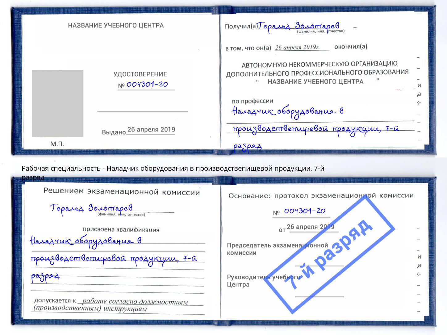 корочка 7-й разряд Наладчик оборудования в производствепищевой продукции Боровичи