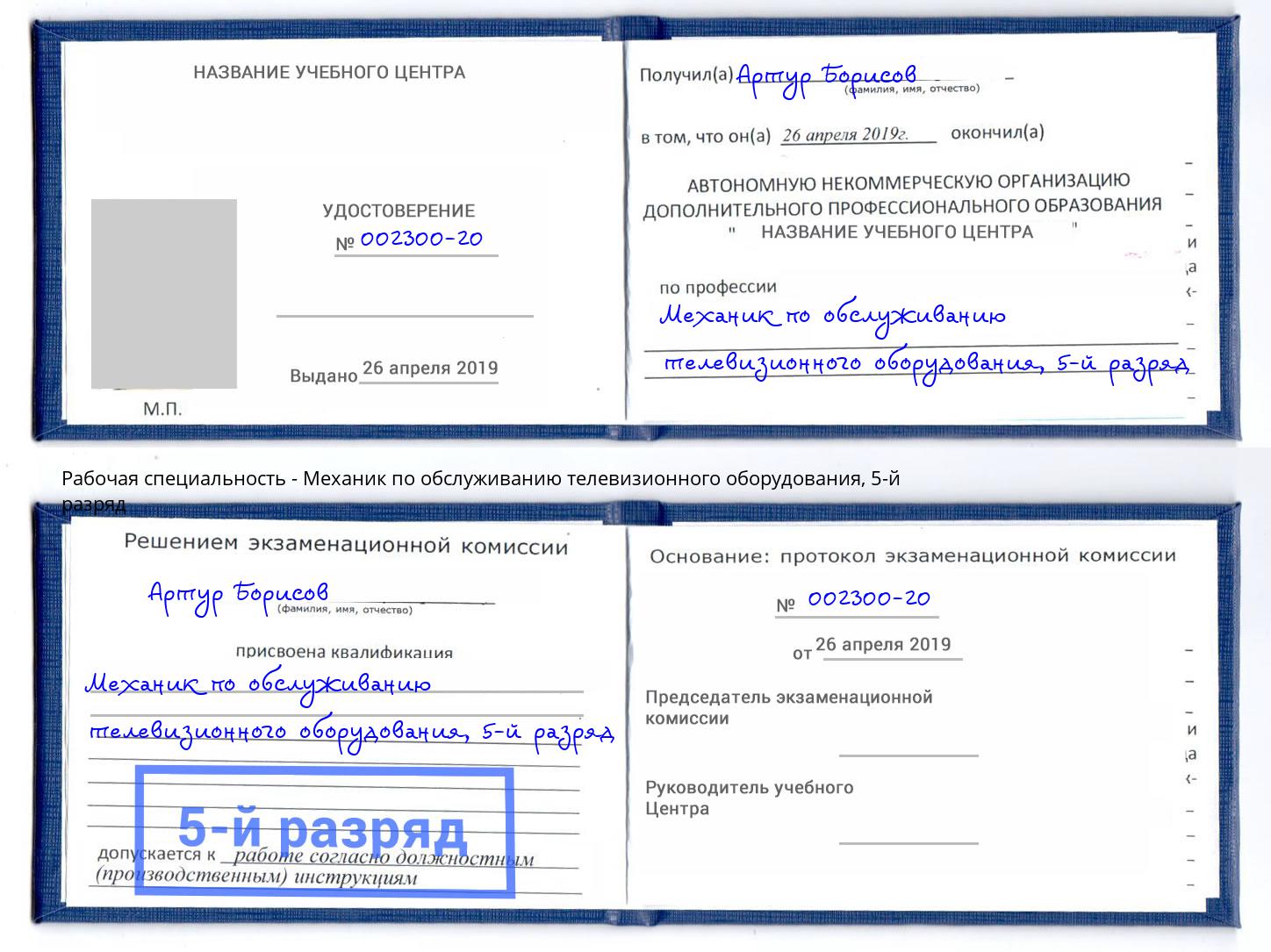 корочка 5-й разряд Механик по обслуживанию телевизионного оборудования Боровичи