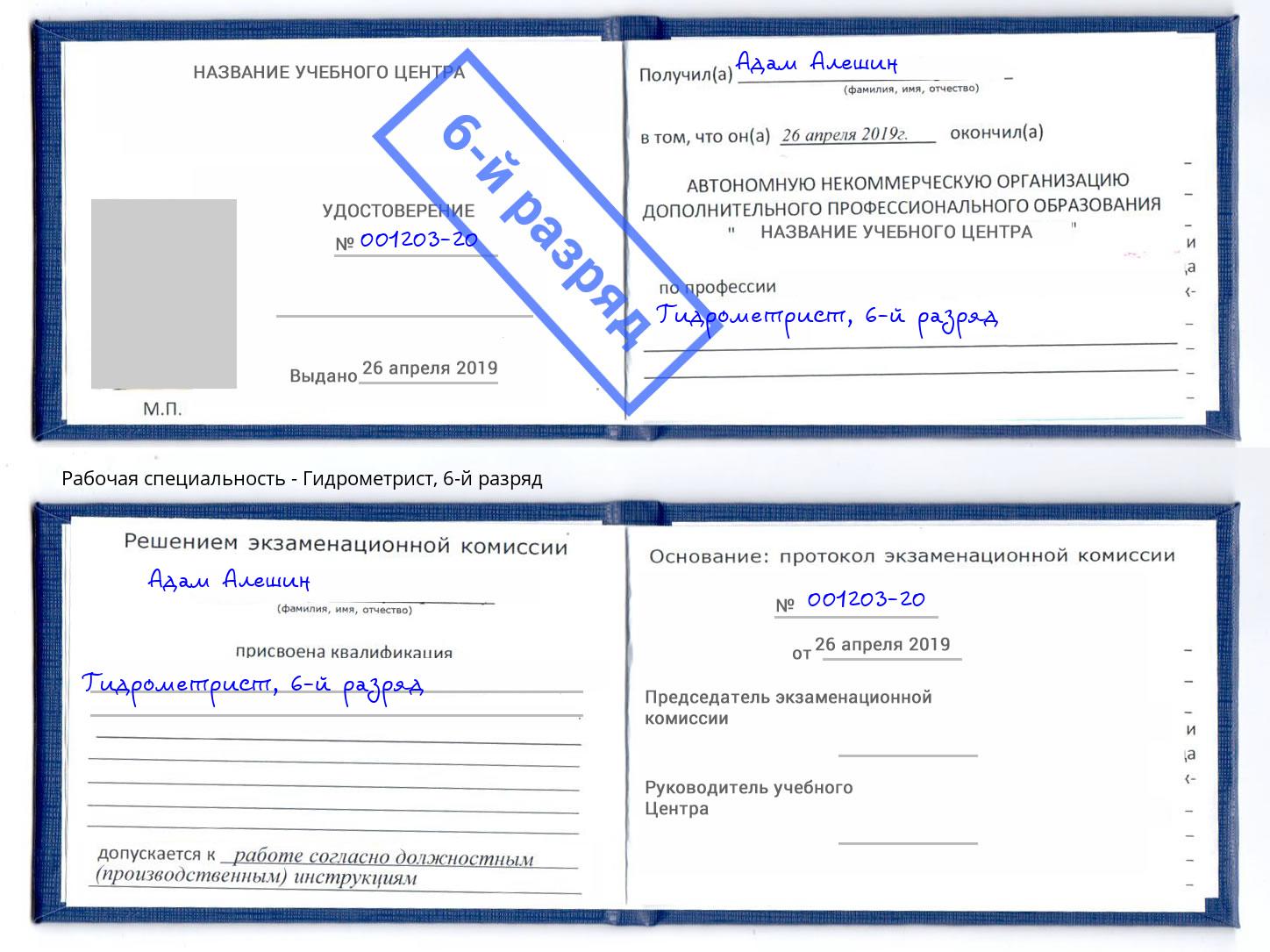 корочка 6-й разряд Гидрометрист Боровичи