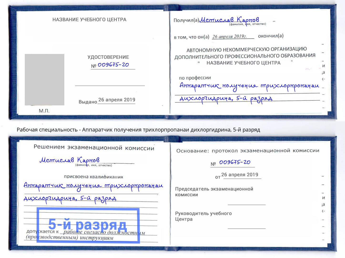 корочка 5-й разряд Аппаратчик получения трихлорпропанаи дихлоргидрина Боровичи