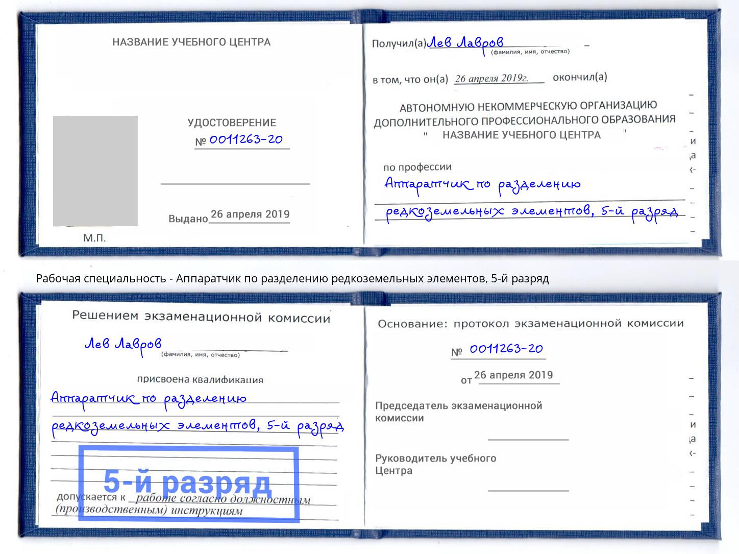 корочка 5-й разряд Аппаратчик по разделению редкоземельных элементов Боровичи